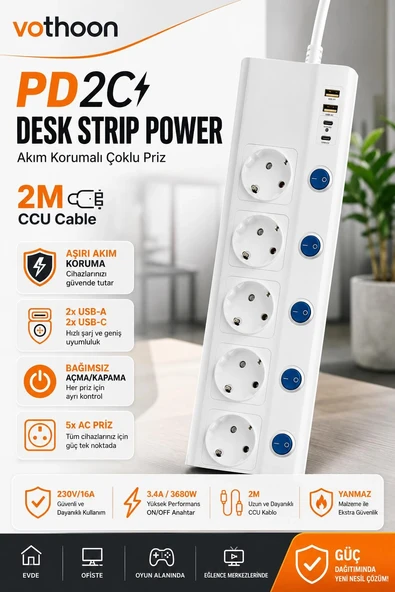 5'li Akım Korumalı Çoklu Priz 2 Metre Kablolu 3680W 16A 5 Anahtarlı 2USB-A 2 USB-C PD 20W Hızlı Ftr-28 ürün görseli 1