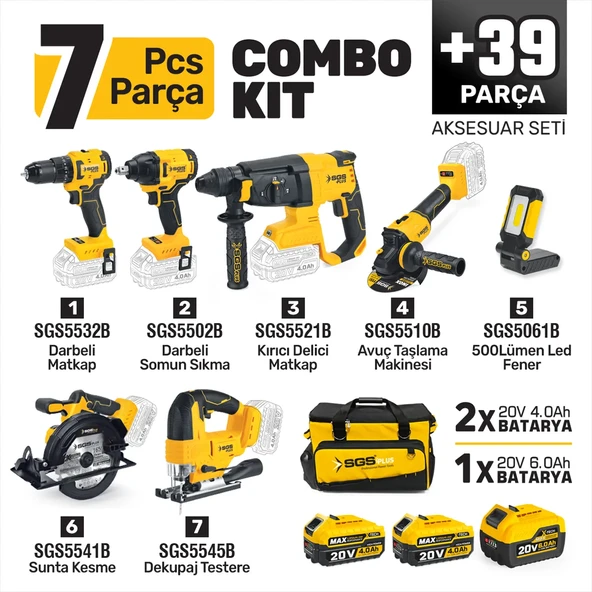 SGS5452 - AKÜLÜ COMBO SET 7 PARÇA (Darbeli Matkap/Kırıcı-Delici Matkap/Darbeli Somun Sıkma/Avuç Taslama Makinesi/Sunta Kesme/Dekupaj Testere/Led Fener) ürün görseli 1