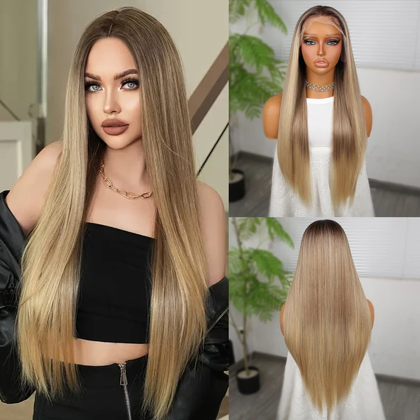 Kumral Dore Sarı Ombreli Fiber Sentetik Tül Peruk ürün görseli 1