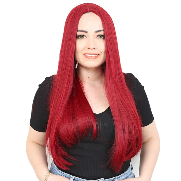 Fiber Sentetik Uzun Düz Peruk / Kızıl ürün görseli 1