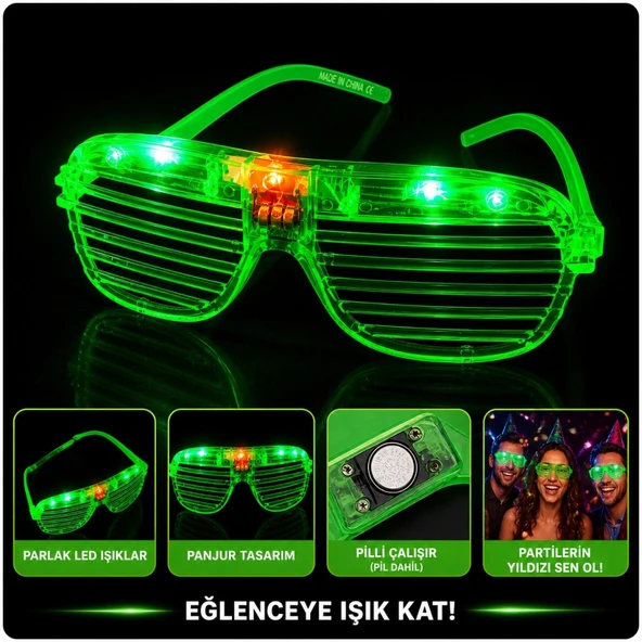 LED Işıklı Panjur Parti Gözlüğü Yeşil Renk Gözlük ürün görseli 1