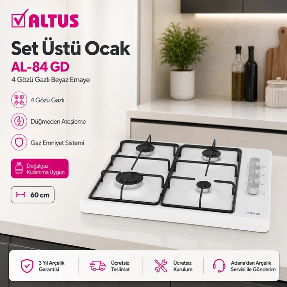 Altus AL-84 GD 4 Gözü Gazlı Beyaz Emaye Setüstü Ocak ürün görseli 1