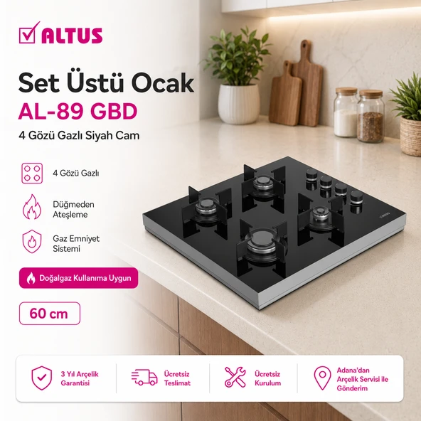 Altus AL-89 GBD Siyah Cam Yüzey Cam Set üstü Ocak ürün görseli 1