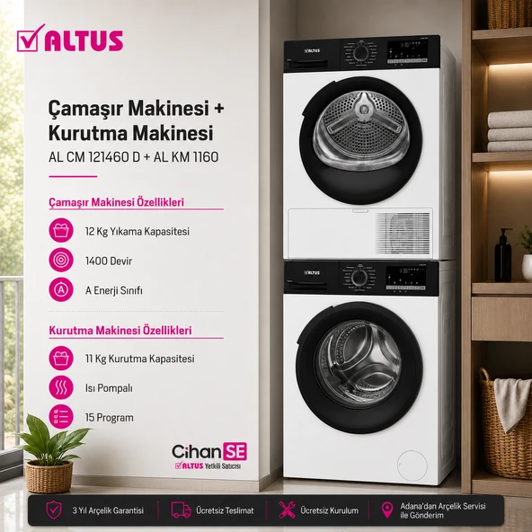 Altus 12 KG Çamaşır Makinesi ve 11 KG Kurutma Makinesi İkili Paket ( AL 1160 - AL CM 120460 D ) ürün görseli 1