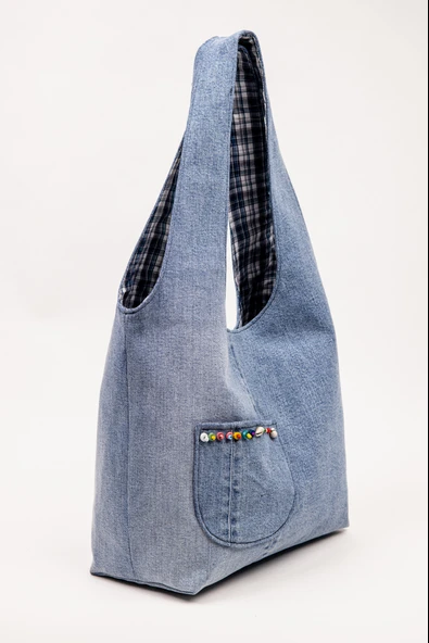 Omuz Çantası Denim Kumaş Astarlı Mıknatıslı 40x34 cm ürün görseli 1