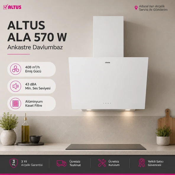 Altus ALA 570 W Beyaz Cam Yüzey Eğimli Davlumbaz ürün görseli 1