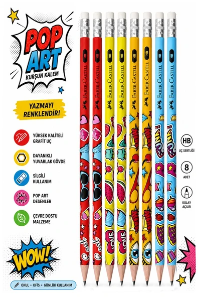 Popart Silgili Kurşun Kalem 8 Adet Faber Castell Yuvarlak Gövdeli Siyah Kurşun Kalem Yumuşak Yazım Kolay Tutuş Kalite ürün görseli 1