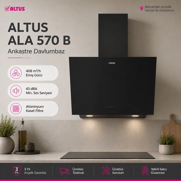 Altus ALA 570 B Siyah Cam Yüzey Eğimli Davlumbaz ürün görseli 1