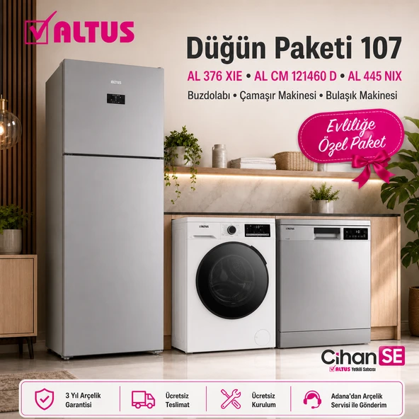 Altus XXL İnox Düğün Paketi (Paket 107) AL 445 NIX Bulaşık Makinesi AL-121460 Çamaşır Makinesi AL-376 XIE buzdolabı ürün görseli 1