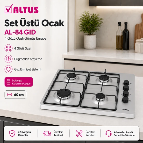 Altus AL-84 GID Silver 4 Gözü Doğal Gazlı Gri Emaye Setüstü Ocak ürün görseli 1