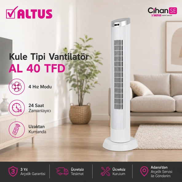 Altus AL 40 TFD – Uzaktan Kumandalı Beyaz Kule Tipi Vantilatör ürün görseli 1