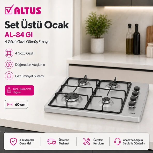 Altus AL-84 GI  4 Gözü Gazlı Gri Emaye Setüstü Ocak ürün görseli 1