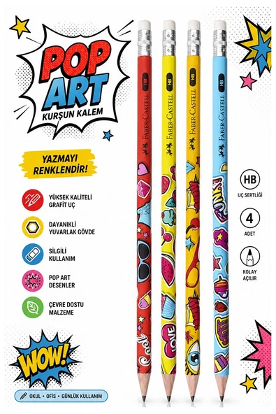 Popart Silgili Kurşun Kalem 4 Adet Faber Castell Yuvarlak Gövdeli Siyah Kurşun Kalem Yumuşak Yazım Kolay Tutuş Kalite ürün görseli 1
