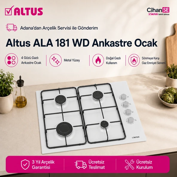 Altus ALA-181 WD Doğal Gazlı Beyaz Ankastre Gaz Kesme Emniyetli Ocak ürün görseli 1
