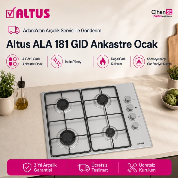 Altus ALA-181 GID Ankastre 4 Gözü Doğal Gazlı ocak inox ürün görseli 1