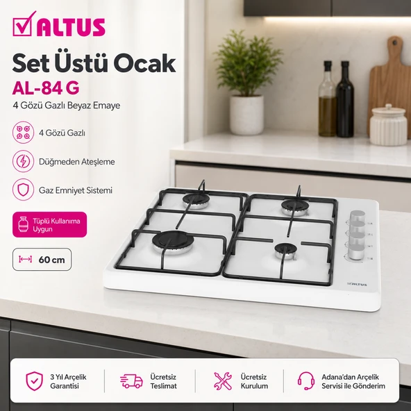 Altus AL-84 G 4 Gözü Gazlı Beyaz Emaye Setüstü Ocak ürün görseli 1