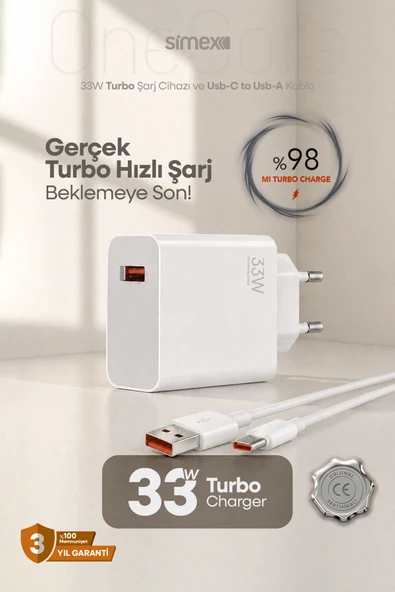 Simex Xiaomi, Redmi, Poco, Uyumlu 33 Watt Hızlı Turbo Şarj Seti CE Belgeli SPS-19 ürün görseli 1