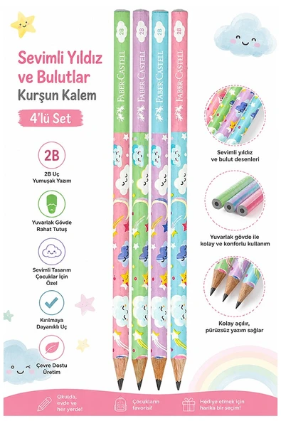 Sevimli Bulutlar Kurşun Kalem 4 Adet Faber Castell Yuvarlak Gövdeli Siyah Kurşun Kalem Yumuşak Yazım Kolay Tutuş Kalite ürün görseli 1