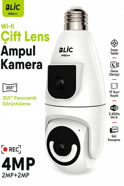 Ampul Kamera 2.4G Wi-Fi Bağlantılı Çift Lensli 1080p Çözünürlüklü 2+2 4mp HD 355° Panoramik IP Kamera ürün görseli 1