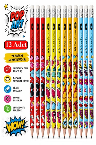 Popart Silgili Kurşun Kalem 12 Adet Faber Castell Yuvarlak Gövdeli Siyah Kurşun Kalem Yumuşak Yazım Kolay Tutuş Kalite ürün görseli 1