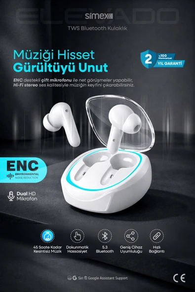 Simex iOS Android Uyumlu - 5.3 Bluetooth Kulakiçi Kulaklık -ENC Gürültü Engelleme Oyun Modlu Beyaz Elevado ürün görseli 1