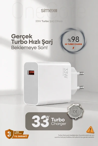 Simex Xiaomi, Redmi, Poco, Uyumlu 33 Watt Hızlı Turbo Şarj Başlığı CE Belgeli SPS-19 ürün görseli 1