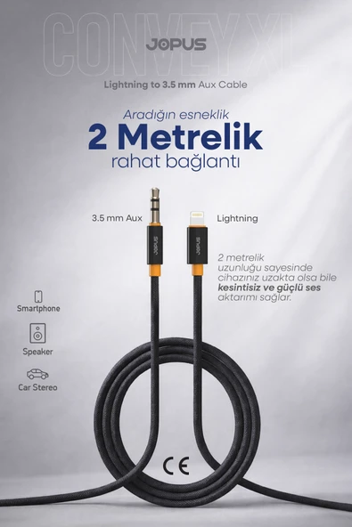 Jopus iPhone 7-8-X-11-12-13-14 Uyumlu Lightning 3.5mm Örgülü Aux Ses Kablosu Stereo Destekli 2 Metre JA-13 ürün görseli 1