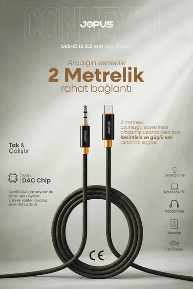 Jopus İphone Android Uyumlu - Type-C To 3.5mm Aux Ses Kablosu - Tak Çalıştır Aux Örgülü - 2 Metre JA-12 ürün görseli 1