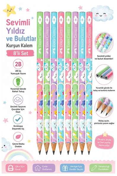 Sevimli Bulutlar Kurşun Kalem 8 Adet Faber Castell Yuvarlak Gövdeli Siyah Kurşun Kalem Yumuşak Yazım Kolay Tutuş Kalite ürün görseli 1