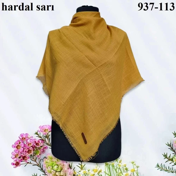 Soft İpek Düz Renk Flamlı Pamuk Eşarp (Hardal Sarı) 937-113 ürün görseli 1