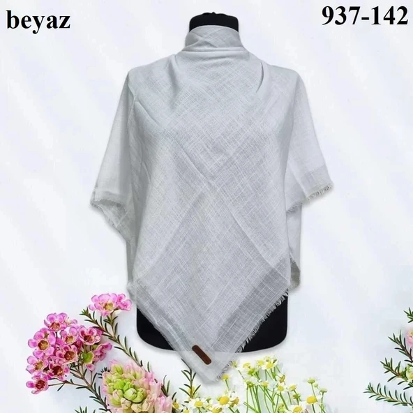 Soft İpek Düz Renk Flamlı Pamuk Eşarp (Beyaz) 937-142 ürün görseli 1