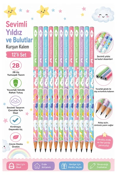 Sevimli Bulutlar Kurşun Kalem 12 Adet Faber Castell Yuvarlak Gövdeli Siyah Kurşun Kalem Yumuşak Yazım Kolay Tutuş Kalite ürün görseli 1
