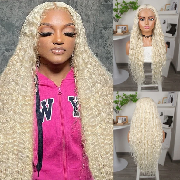 Platin Uzun Afro Dalga Fiber Sentetik Tül Peruk ürün görseli 1