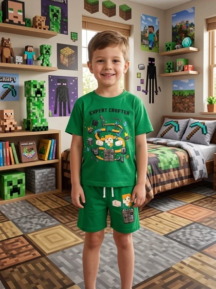 Cg Kids Expert Crafter Baskılı Erkek Çocuk Yeşil Baskılı Pamuklu Şortlu Takım ürün görseli 1