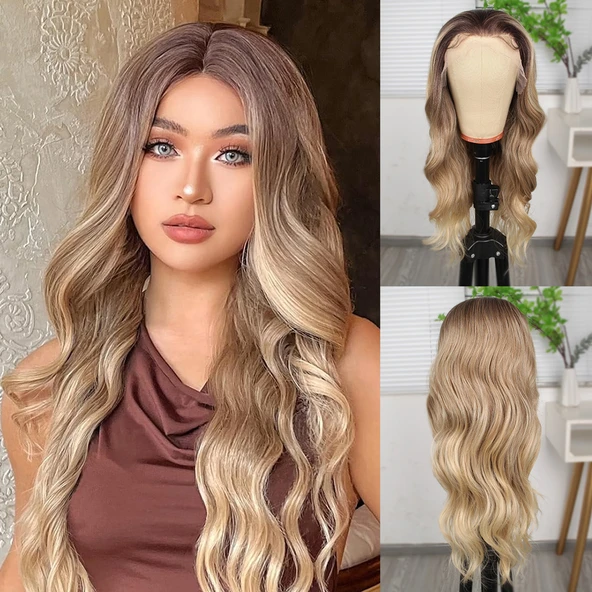 Kumral Dore Sarı Ombre ve Röfleli Fiber Sentetik Geniş Dalgalı Tül Peruk ürün görseli 1