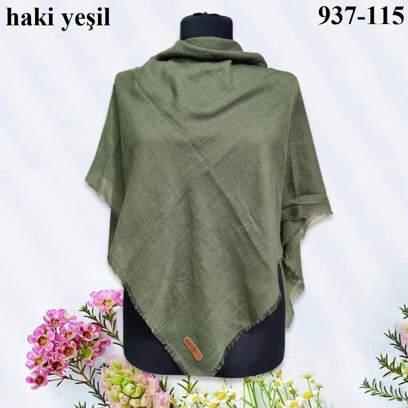 Soft İpek Düz Renk Flamlı Pamuk Eşarp (Haki Yeşil) 937-115 ürün görseli 1