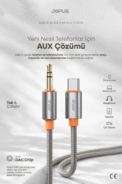 Jopus İphone Android Uyumlu - Type-C To 3.5mm Aux Kablo - Tak Çalıştır Aux Örgülü - 1 Metre - JA-05 ürün görseli 1