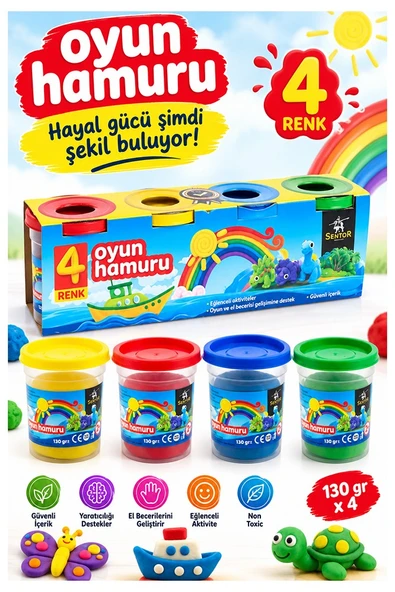 Oyun Hamuru 4 Renk 520gr 1 Paket Sentör 4 lü Oyun Hamuru Kurumaya Karşı Dirençli Okul Öncesi Kreş Yumuşak Dokulu ürün görseli 1