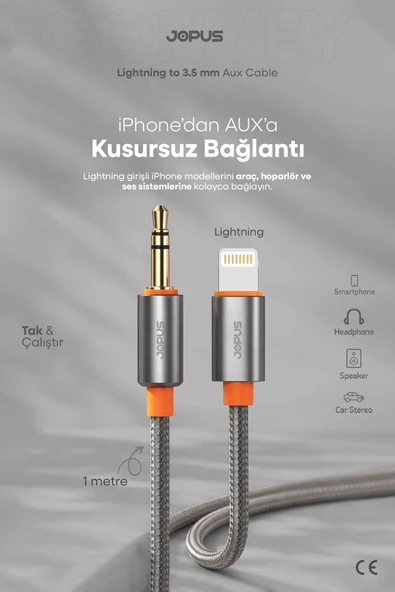 Jopus 11 12 13 14 Pro Max Serisi Uyumlu Lightning Örgülü Aux Kablosu, iPhone Aux Tak Çalıştır, 1M JA-05 ürün görseli 1