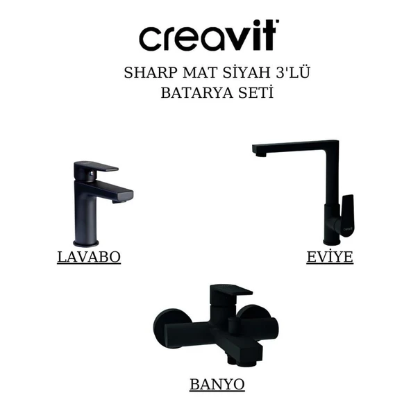 Sharp Mat Siyah Batarya Seti 3’lü Banyo-Lavabo-Evye ürün görseli 1