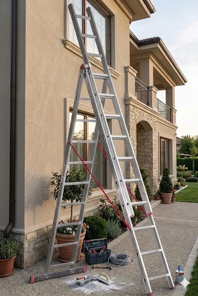 Alüminyum 3 Parçalı Sürgülü A Tipi Merdiven 3 X 10 Basamak Endüstriyel Tip 8 Metre ürün görseli 1
