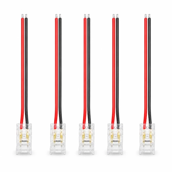 5 Adet 8 mm COB LED Şerit Konnektörü 2 Pin Tek Taraflı 10 cm Kablolu Şeffaf Lehimsiz Bağlantı Aparatı Tek Renk LED Uyumlu ürün görseli 1