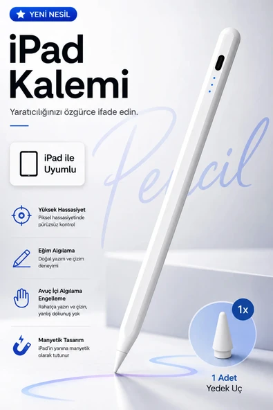 iPad Tablet Kalemi Manyetik Stylus Pen Eğim Sensörlü Avuç İçi Engelleme USB-C Şarjlı 1 Yedek Uç ürün görseli 1