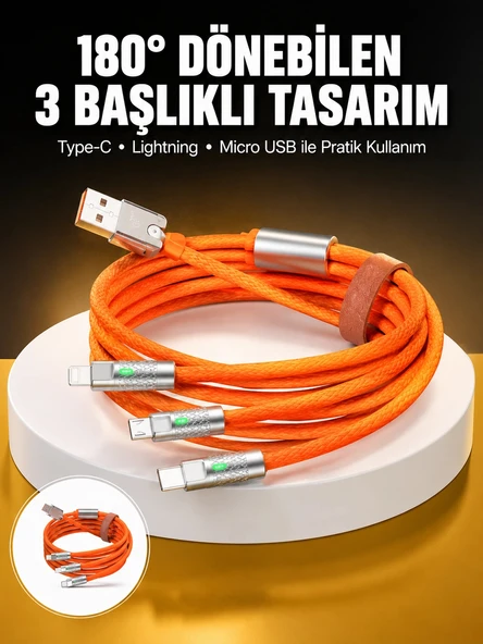 120W 3 İn 1 Uyumlu Silikon Şarj Kablosu Hızlı Şarj Kablosu ürün görseli 1