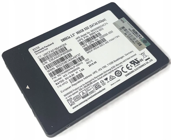 HPE SM863A 960GB Sata 6Gbps 2.5'' Server Sunucu SSD MZ-7KM960N MK000960GWCFA MZ7KM960HMJP-000H3 866614-003 872354-005 ürün görseli 1