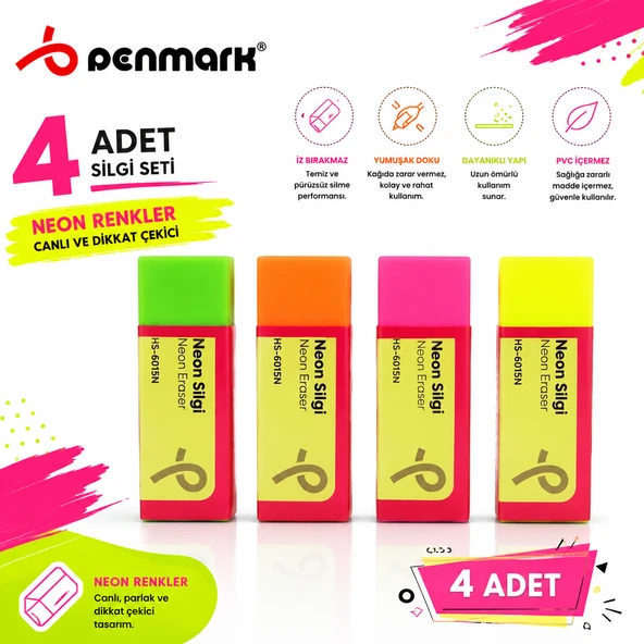 Penmark Neon Renk Silgi Seti 4 Adet Yumuşak Silgi Canlı renkler ürün görseli 1