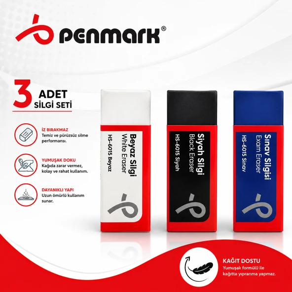 Penmark Silgi Seti 3 Adet Sınav Silgisi,Siyah Silgi,Beyaz Silgi 3 Adet Yumaşak İz Bırakmaz silgi ürün görseli 1