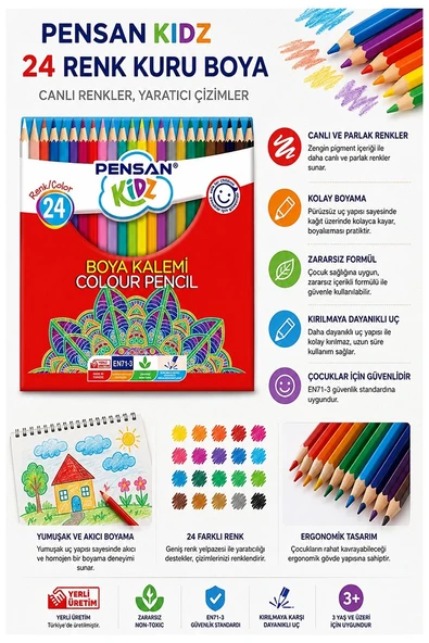 24 lü Kuru Boya Kalemi Karton Kutu 1 Paket Pensan 24 Renk Kuruboya Tam Boy Canlı Renkli Boya Kalem Okul Öğrenci ürün görseli 1