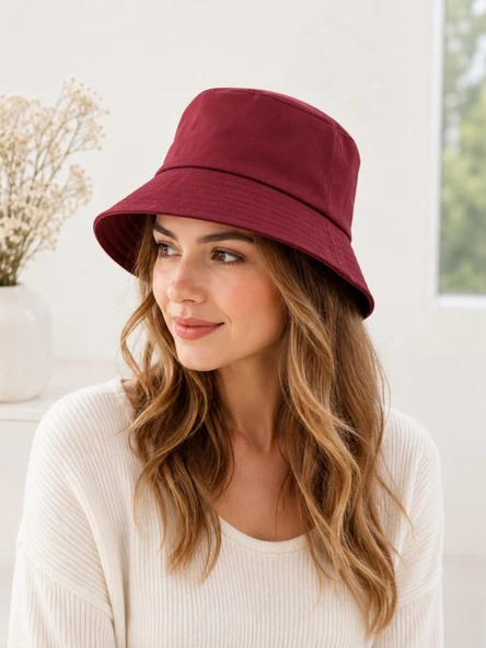 Kadın Bordo Düz Bucket Şapka ürün görseli 1