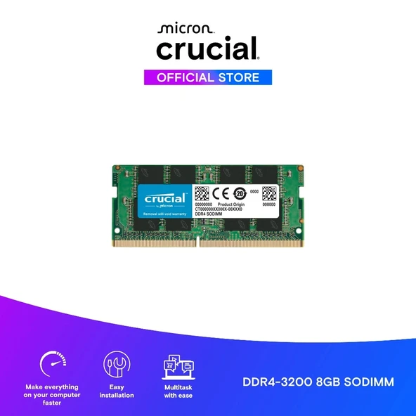 CRUCIAL CT8G4SFRA32A, 8Gb, 3200Mhz, DDR4, CL22,  1.2V, SODIMM, Notebook RAM (By Micron) ürün görseli 1